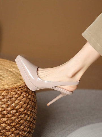 Women Minimalist Point Toe Stiletto Heeled Slingback Pumps, Elegant Khaki Pumps