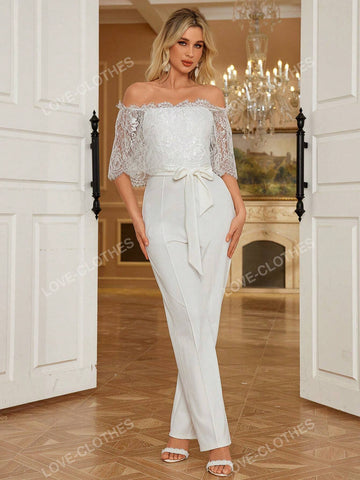 Women Off Shoulder Mid-Sleeve Romantic Lace Belted Jumpsuit For Wedding & Occasion