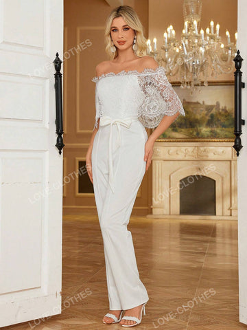 Women Off Shoulder Mid-Sleeve Romantic Lace Belted Jumpsuit For Wedding & Occasion