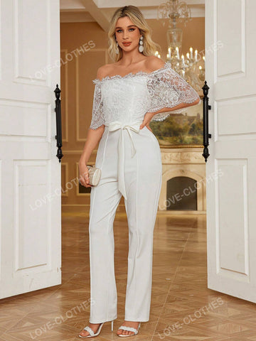 Women Off Shoulder Mid-Sleeve Romantic Lace Belted Jumpsuit For Wedding & Occasion