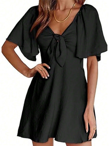 Women One-Shoulder Knitted Dress With Ruffle Trim And Tie Belt For SpringSummer