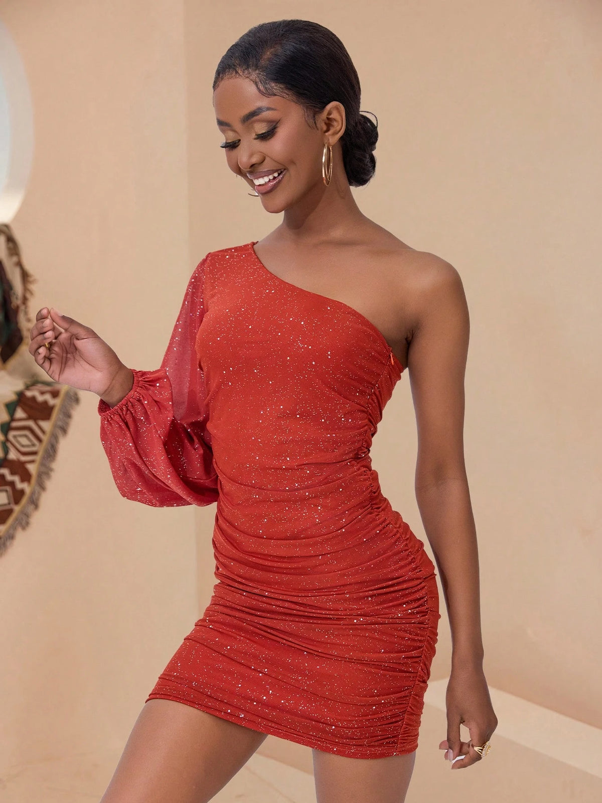 Women One Shoulder Ruched Bodycon Mesh Sparkly Mini Dress Puff Long Sleeve Fall Club Party Cocktail Short Dresses