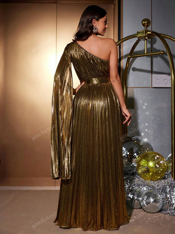 Asymmetrical Neckline Split Thigh Elegant Women Formal Evening Gown Dress