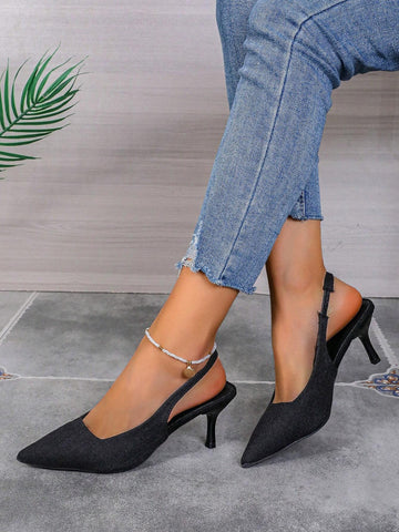 Women Open-Toe Kitten Heel Shoes, Solid Color Elastic Strap High-Heeled Sandals, Basic Shoes