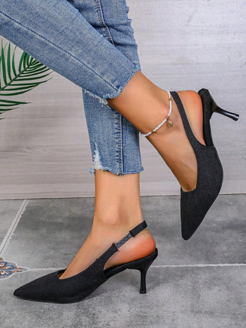 Women Open-Toe Kitten Heel Shoes, Solid Color Elastic Strap High-Heeled Sandals, Basic Shoes