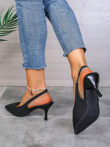 Women Open-Toe Kitten Heel Shoes, Solid Color Elastic Strap High-Heeled Sandals, Basic Shoes