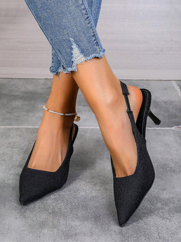 Women Open-Toe Kitten Heel Shoes, Solid Color Elastic Strap High-Heeled Sandals, Basic Shoes