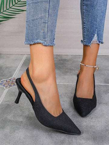 Women Open-Toe Kitten Heel Shoes, Solid Color Elastic Strap High-Heeled Sandals, Basic Shoes