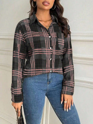 Women Plaid Print Front Button Casual Versatile Long Sleeve Shirt