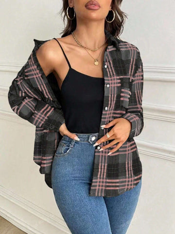 Women Plaid Print Front Button Casual Versatile Long Sleeve Shirt