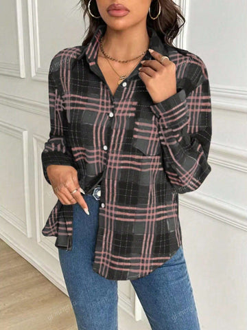 Women Plaid Print Front Button Casual Versatile Long Sleeve Shirt