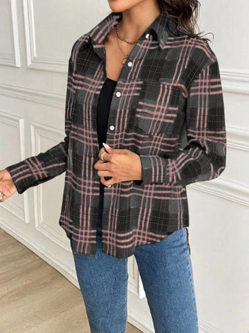 Women Plaid Print Front Button Casual Versatile Long Sleeve Shirt
