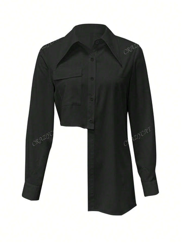 Women Plain Asymmetrical Button Front Long Sleeve Blouse