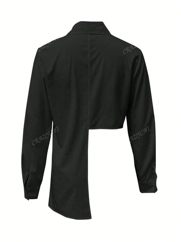 Women Plain Asymmetrical Button Front Long Sleeve Blouse