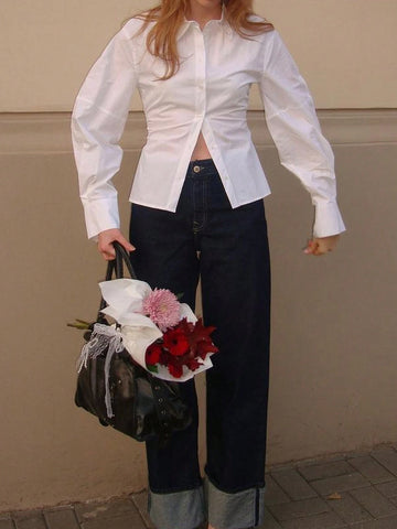 Women Plain Button Front Long Sleeve Casual Shirt, Everyday Wear