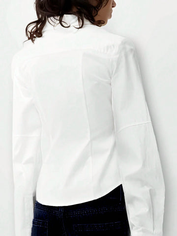 Women Plain Button Front Long Sleeve Casual Shirt, Everyday Wear