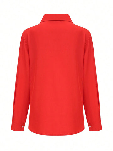 Women Plain Button Front Long Sleeve Casual Top, Everyday Wear