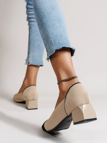 Women Point Toe Chunky Heeled Pumps, Beige Elegant Color Block Heeled Court Pumps
