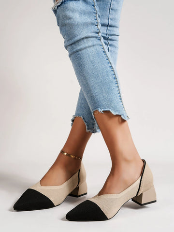 Women Point Toe Chunky Heeled Pumps, Beige Elegant Color Block Heeled Court Pumps