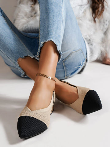 Women Point Toe Chunky Heeled Pumps, Beige Elegant Color Block Heeled Court Pumps