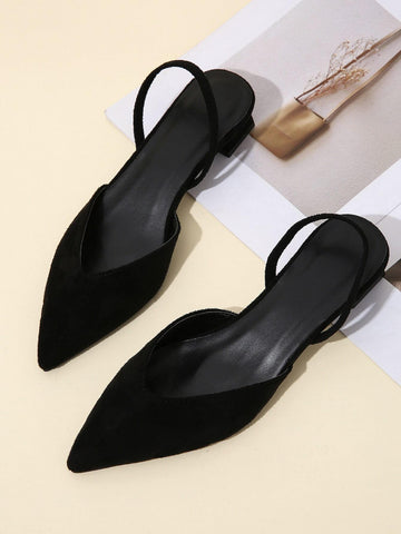 Women Point Toe Chunky Heeled Slingback Pumps, Elegant Outdoor Black Velvet Pumps