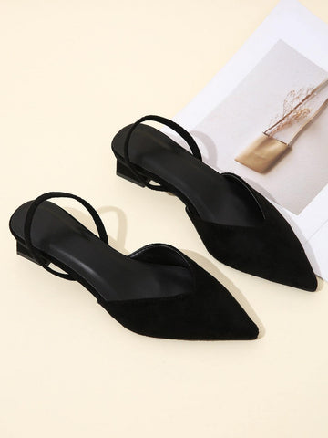 Women Point Toe Chunky Heeled Slingback Pumps, Elegant Outdoor Black Velvet Pumps