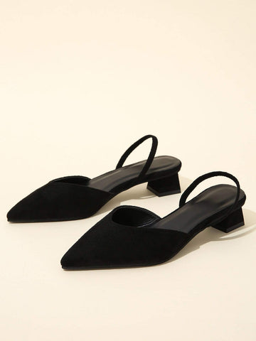 Women Point Toe Chunky Heeled Slingback Pumps, Elegant Outdoor Black Velvet Pumps