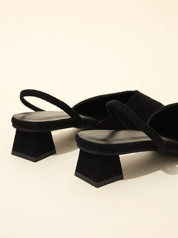 Women Point Toe Chunky Heeled Slingback Pumps, Elegant Outdoor Black Velvet Pumps