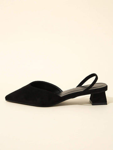 Women Point Toe Chunky Heeled Slingback Pumps, Elegant Outdoor Black Velvet Pumps