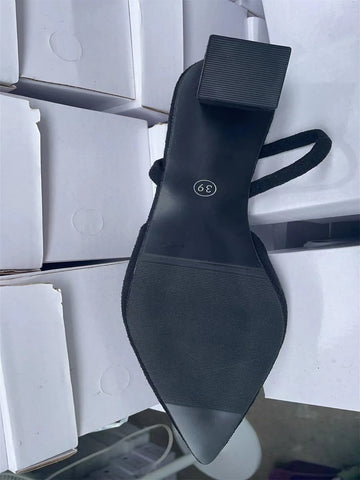 Women Point Toe Chunky Heeled Slingback Pumps, Elegant Outdoor Black Velvet Pumps