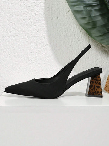 Women Point Toe Chunky Heeled Slingback Pumps, Elegant Outdoor Faux Suede Pumps