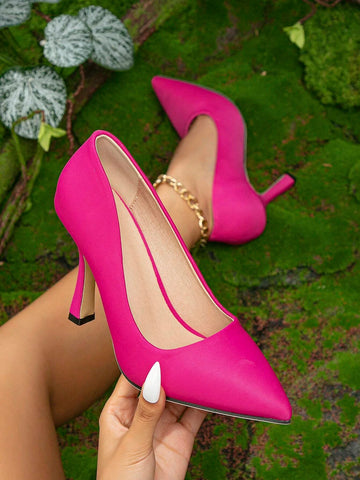 Women Point Toe Stiletto Heeled Court Pumps, Funky Outdoor Neon Pink Lycra Pumps