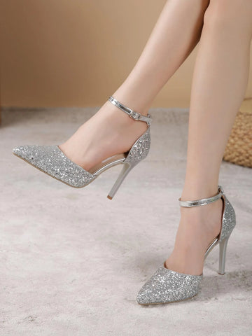 Women Point Toe Stiletto Heeled Sandals, Glamorous Glitter Heeled Sandals