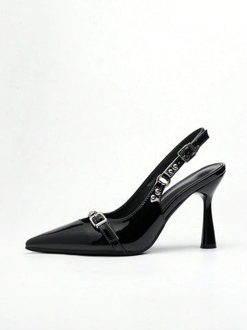 Women Pointed Toe High Heel Rivet Buckle Patent Leather Pumps