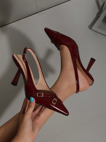 Women Pointed Toe Low Heel Mule Sandals, Fashion Sexy Leisure Slip-On Dress Shoes, Decorative Strap & Buckle, Burgundy