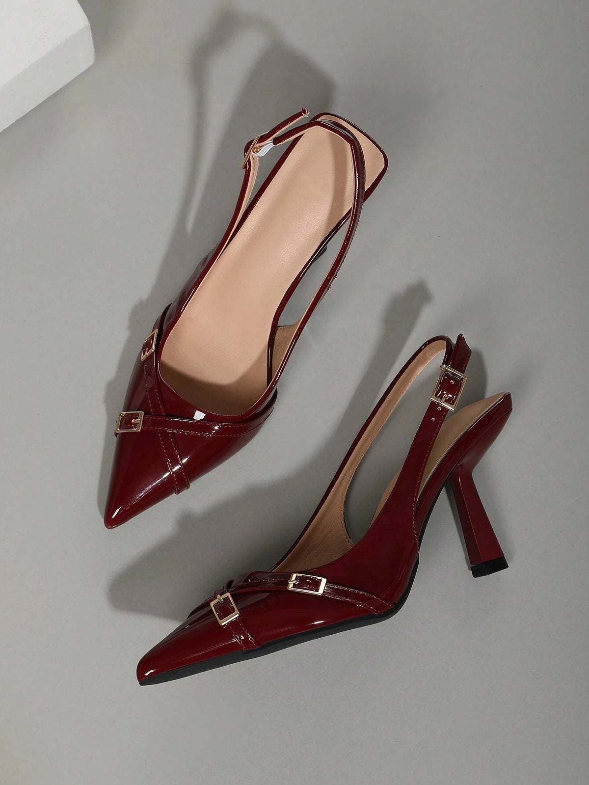 Women Pointed Toe Low Heel Mule Sandals, Fashion Sexy Leisure Slip-On Dress Shoes, Decorative Strap & Buckle, Burgundy