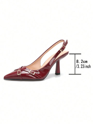 Women Pointed Toe Low Heel Mule Sandals, Fashion Sexy Leisure Slip-On Dress Shoes, Decorative Strap & Buckle, Burgundy