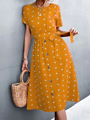 Women Polka Dot Print Waist Belted Roll Cuff Dress With Round Neck For Summer