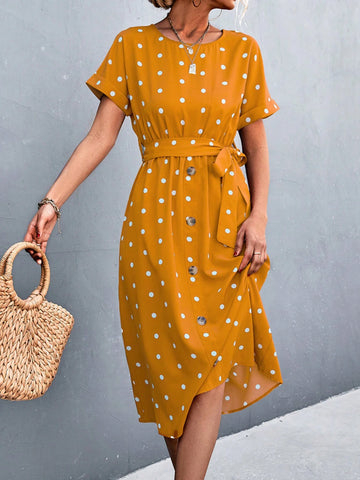 Women Polka Dot Print Waist Belted Roll Cuff Dress With Round Neck For Summer