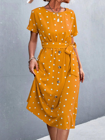 Women Polka Dot Print Waist Belted Roll Cuff Dress With Round Neck For Summer