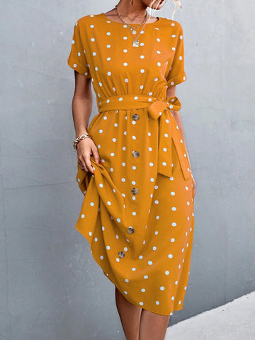 Women Polka Dot Print Waist Belted Roll Cuff Dress With Round Neck For Summer