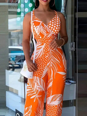 Women Printed Backless Tie Strap Jumpsuit For Holiday Outfits In Spring And Summer