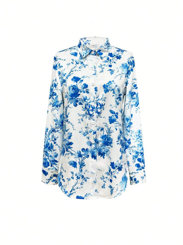 Women Random Print Single Breasted Casual Long Sleeve Shirt