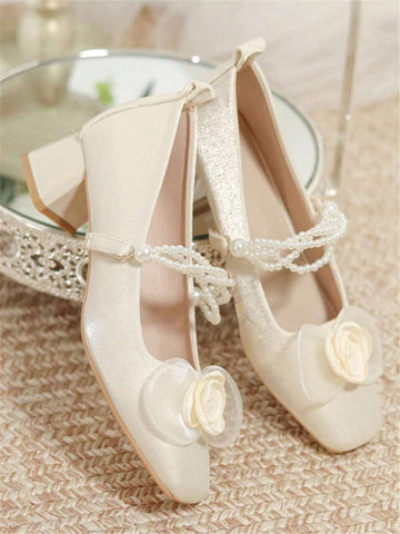 Women Retro Camellia Mary Jane Pearl Round Toe Chunky Heel Pumps