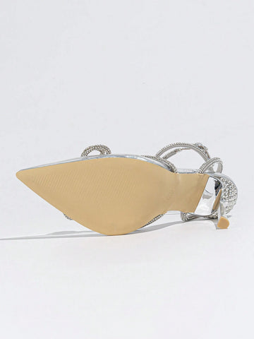 Women Rhinestone Bow Stem Pumps, Point Toe High Heel Pumps