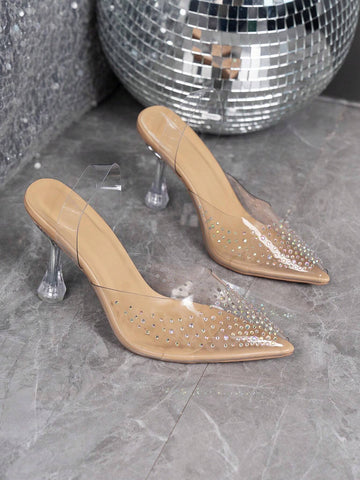Women Rhinestone Decor Point Toe Pyramid Heeled Pumps, Fashion Outdoor