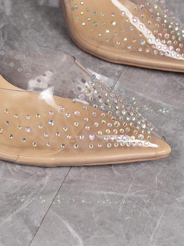 Women Rhinestone Decor Point Toe Pyramid Heeled Pumps, Fashion Outdoor
