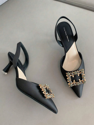 Women Rhinestone Decor Point Toe Pyramid Heeled Pumps, Glamorous Black Lycra Slingback Pumps