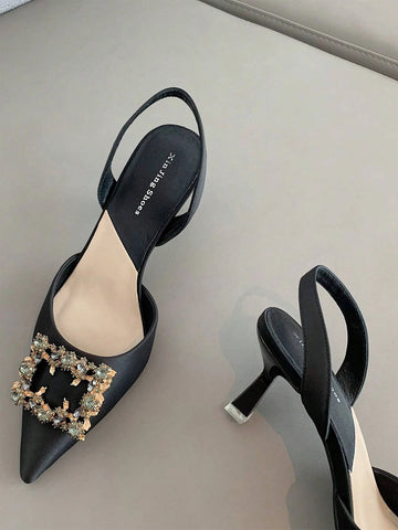 Women Rhinestone Decor Point Toe Pyramid Heeled Pumps, Glamorous Black Lycra Slingback Pumps
