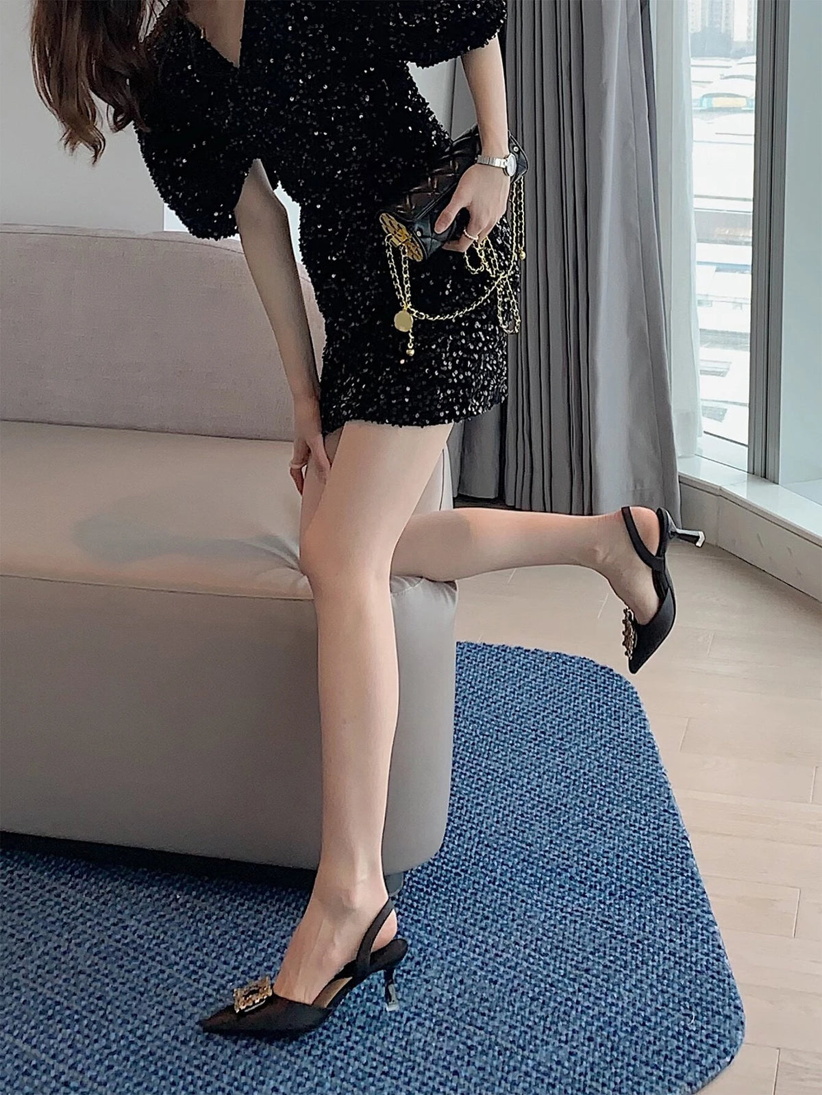 Women Rhinestone Decor Point Toe Pyramid Heeled Pumps, Glamorous Black Lycra Slingback Pumps